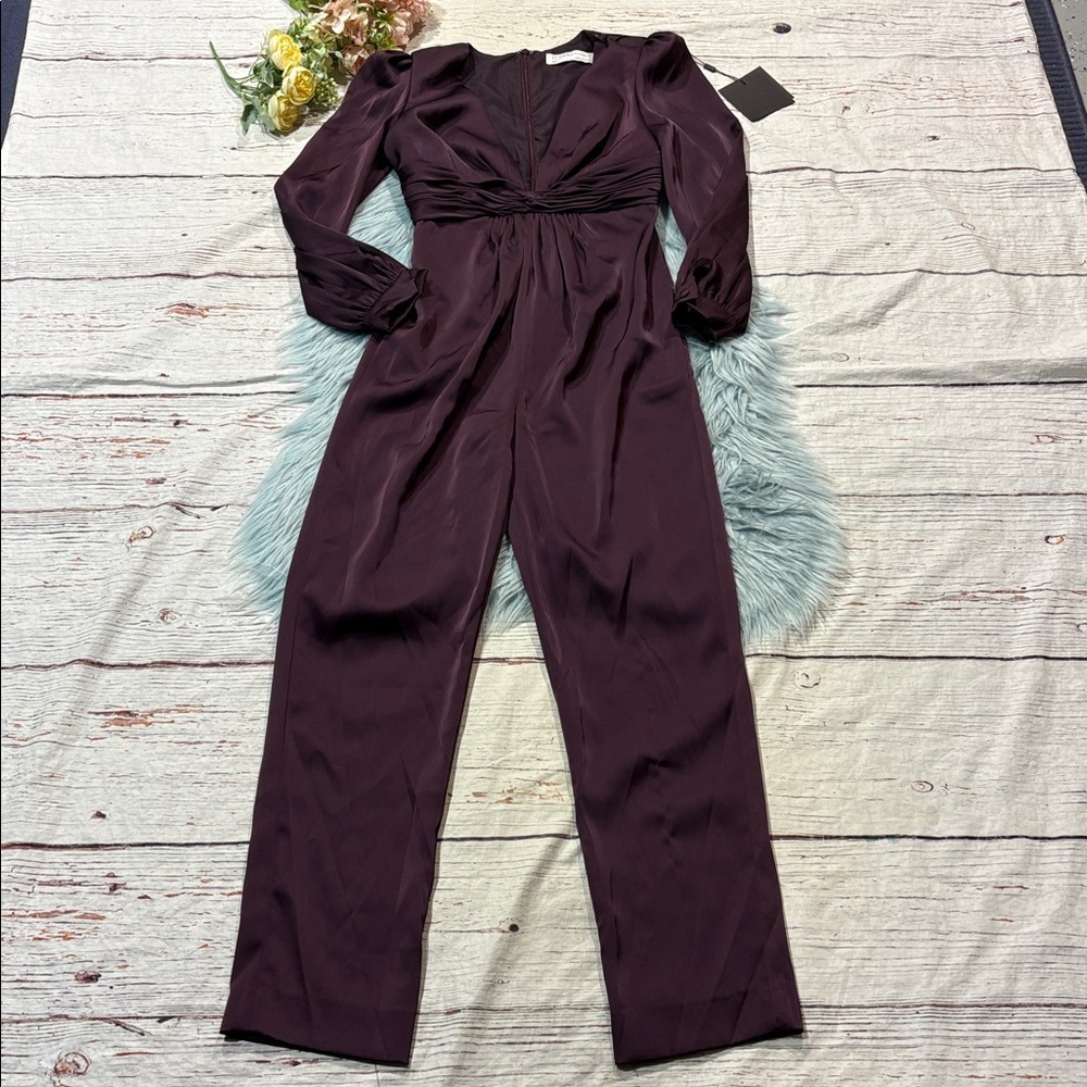 NWT Ieena for Mac Duggal Long Sleeve Ruched Plunging-Neck Jumpsuit Plum - Picture 2 of 10